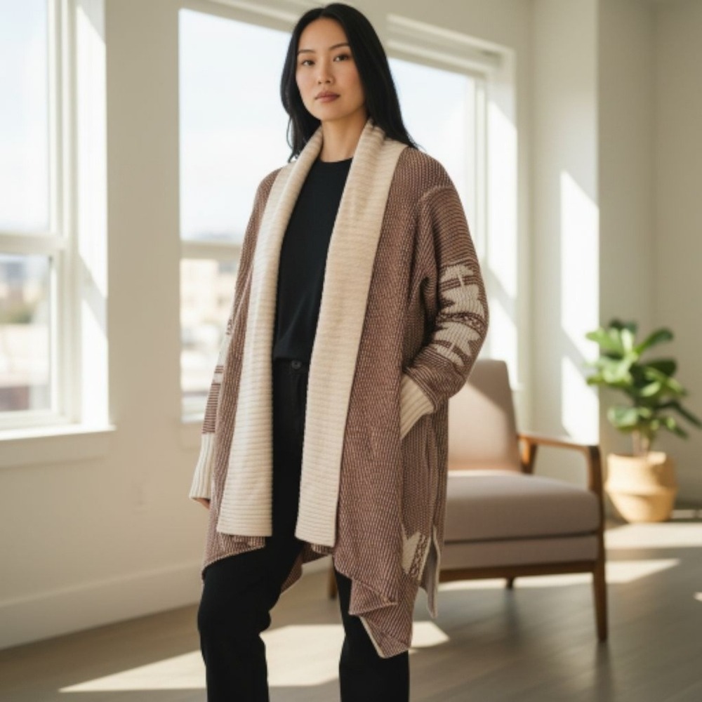 BB Dakota Womens Cardigan Brown Cream Geometric Pattern Shawl Collar Sweater